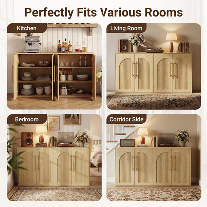 Seang Buffet Cabinet with Storage,55" Modern Arched Sideboard Cabinet with 4 Fluted Doors,Metal Handle and Adjustable Shelf,Wooden Console Table Credenza for Living Room,Entryway,Natural