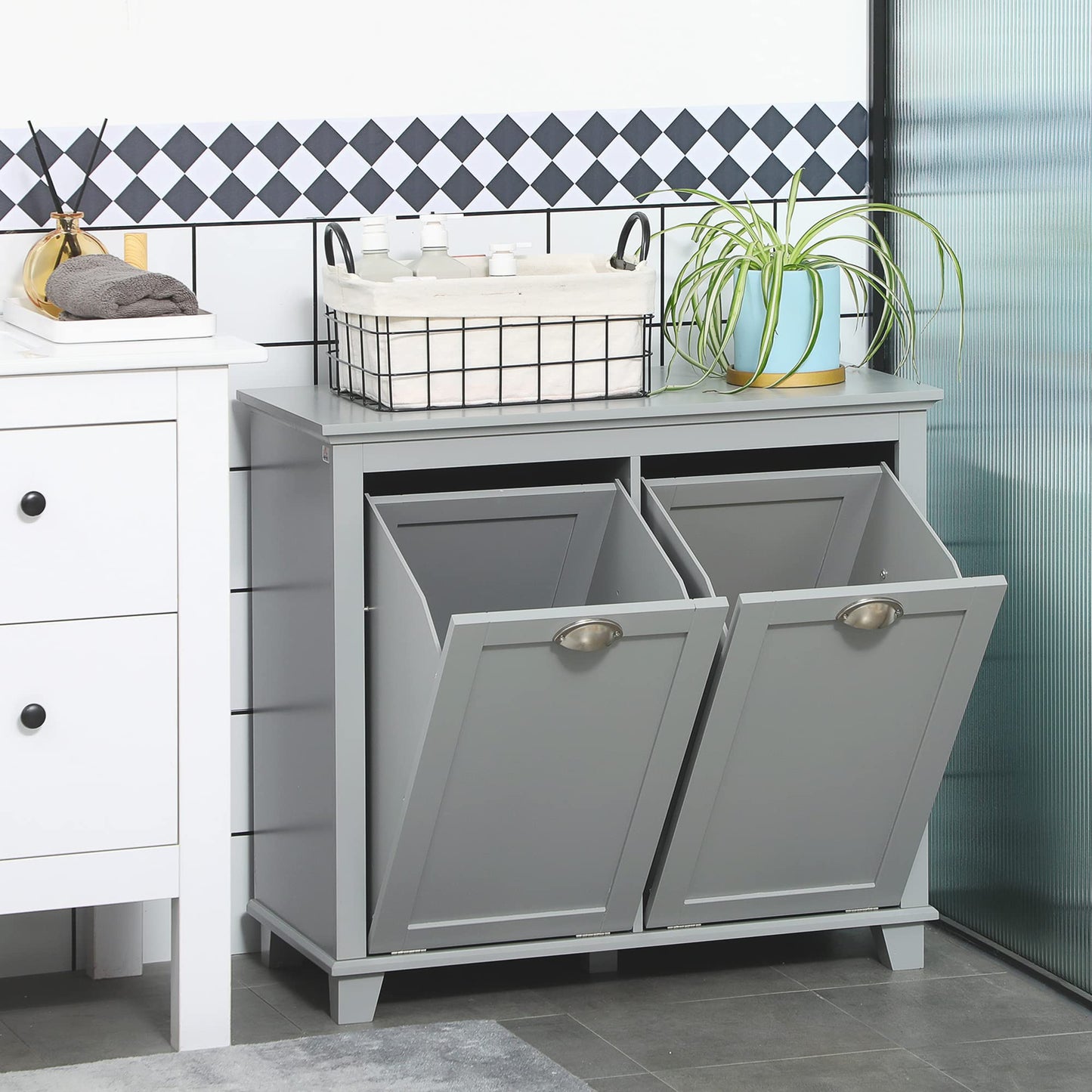 Tilt Out Laundry Sorter Cabinet, Bathroom Storage Organizer with Two Compartment Tilt Out Hamper, Gray