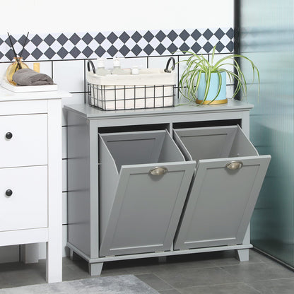 Tilt Out Laundry Sorter Cabinet, Bathroom Storage Organizer with Two Compartment Tilt Out Hamper, Gray