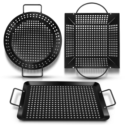 Qetumst Large 3 Piece Grill Basket Set for Outdoor Grill, Heavy Duty Veggie Grilling Pan with Riveted Handles, Warp Resistant Nonstick BBQ Accessories for Vegetables, Seafood & Meat