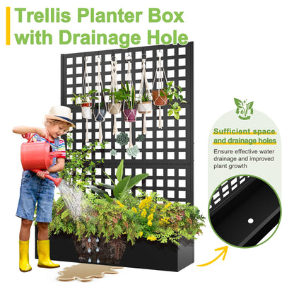 FENCY Metal Raised Garden Bed with Trellis, Metal Planter Box with Trellis, Garden Box for Climbing Plants Vegetable, 47''Lx16''Wx71''H Garden Bed with Drainage Holes(Black)