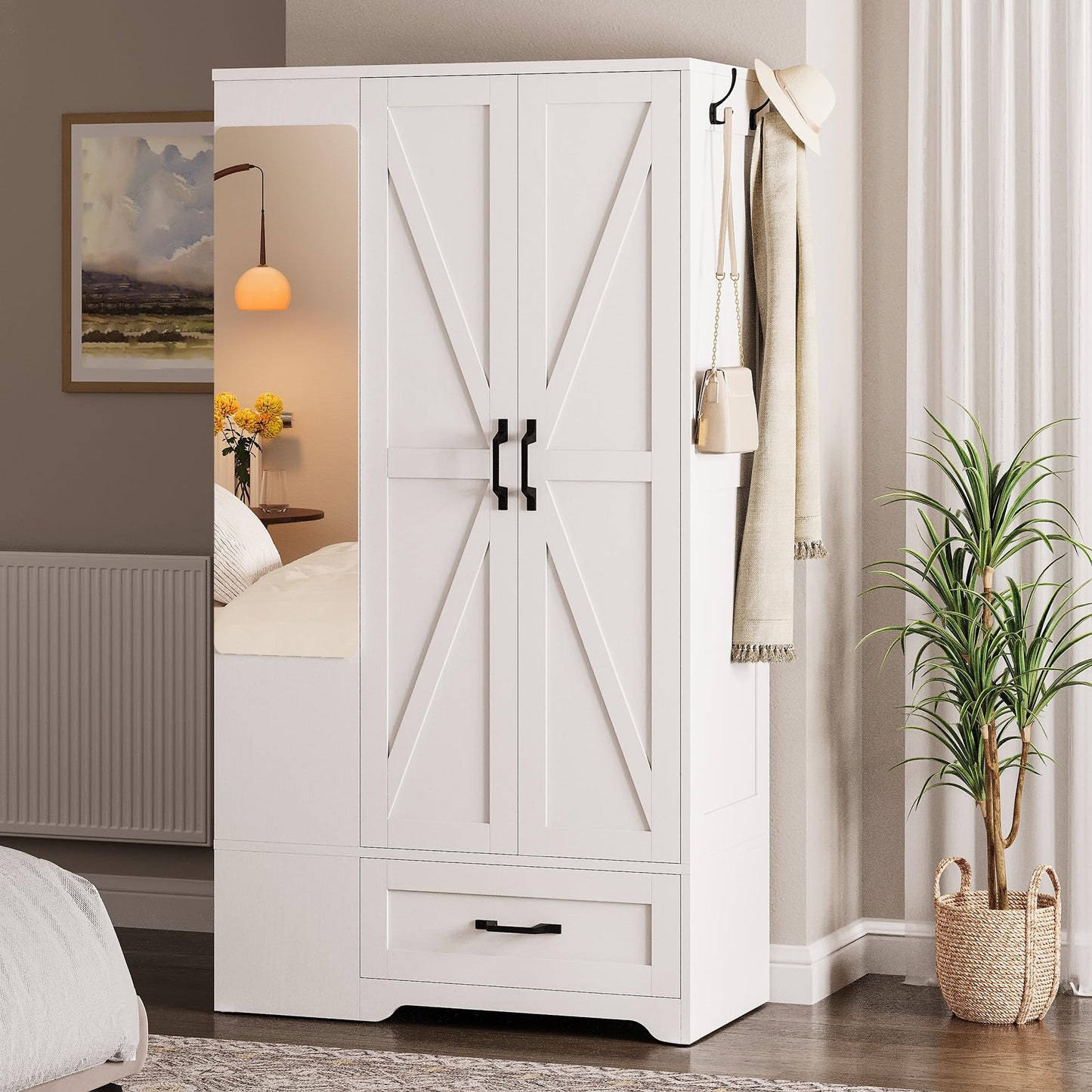LIKIMIO 70" Tall Wardrobe Closet with Mirror, Side Shelves & Drawer, Freestanding Bedroom Armoire with Hanging Rod, X Barn Door Storage Cabinet for Bedroom, White