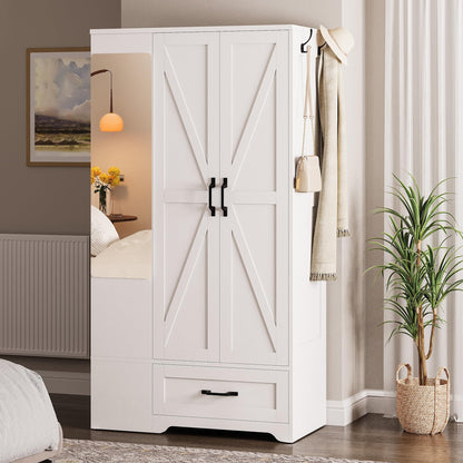 LIKIMIO 70" Tall Wardrobe Closet with Mirror, Side Shelves & Drawer, Freestanding Bedroom Armoire with Hanging Rod, X Barn Door Storage Cabinet for Bedroom, White