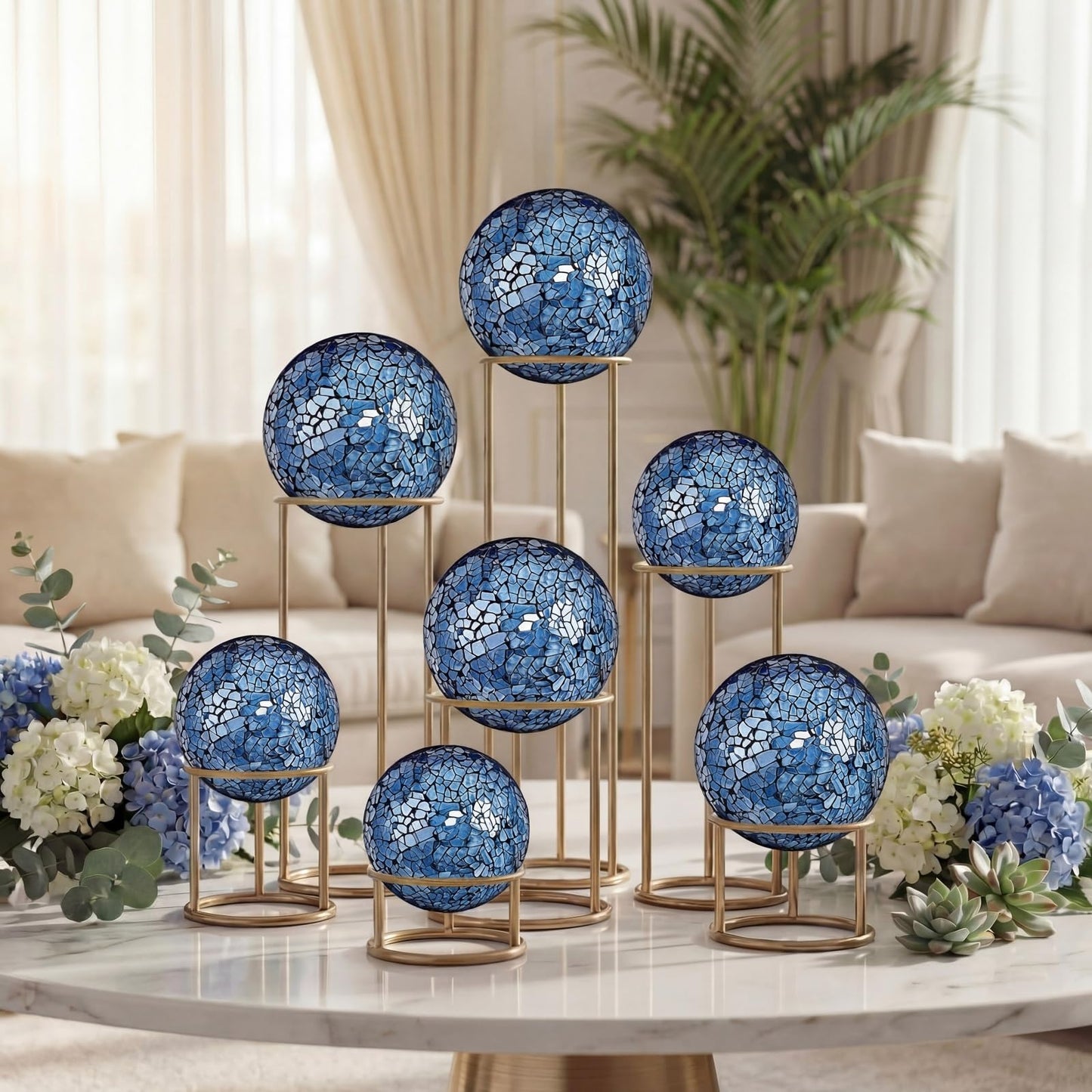 Qinyoung Blue 8 Pcs Decorative Ball for Bowls, 3'' 4'' Glass Mosaic Sphere Decorative Orbs for Centerpiece Bowls Vase Fillers, Wedding, Party, Coffee Table & Home Decor