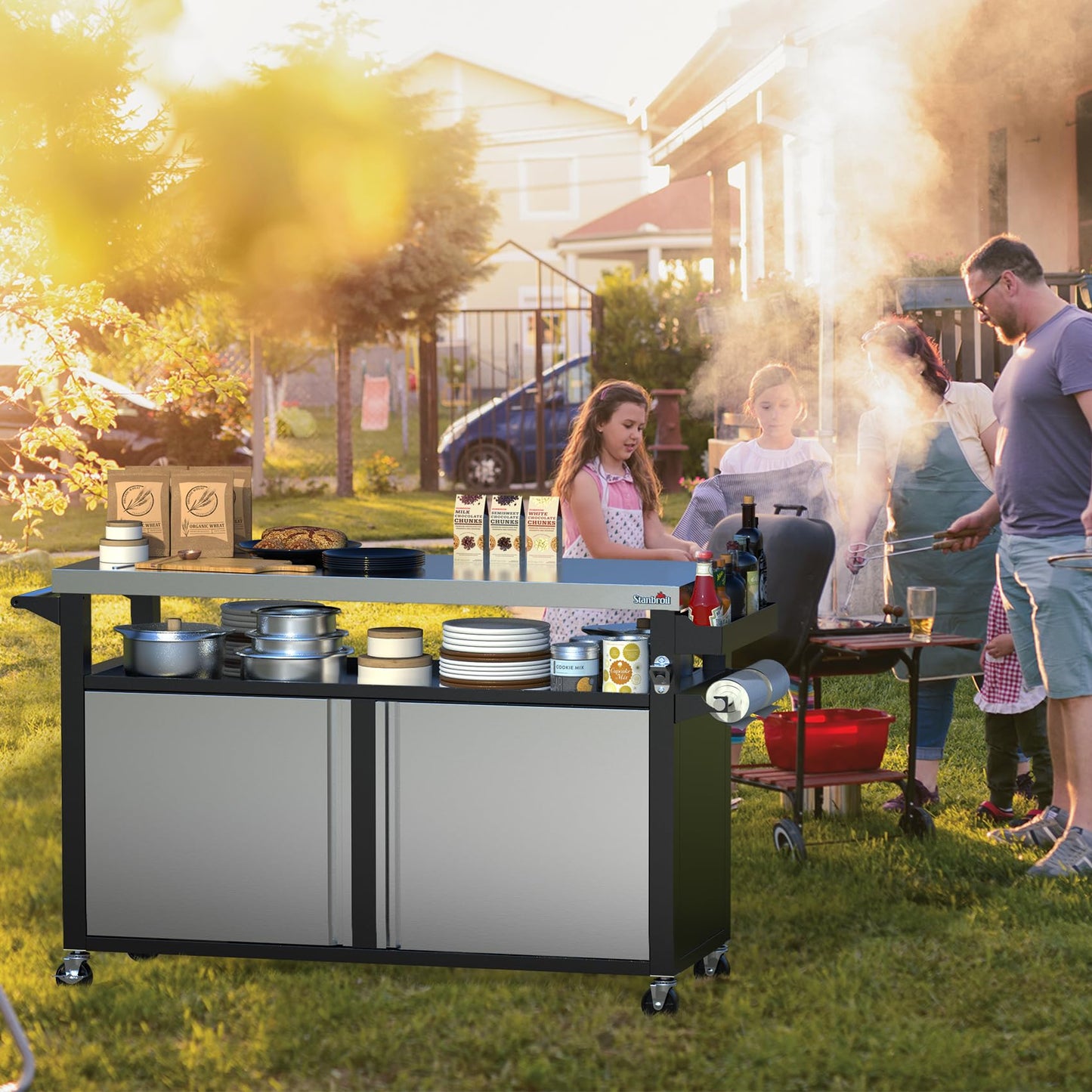 Stanbroil Rolling Outdoor Kitchen Island, BBQ Grill Cart with Stainless Steel Table Top, Double-Door Storage Cabinet & Pull-Out Shelf, Grill Table Cart for Outdoor Indoor, Large