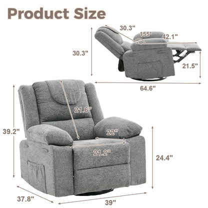 Adults Oversized Rocking Nursery Glider Recliner Chair,360° Swivel Rock Recliner Chairs Single Sofa with Vibration Massage and Heating for Living Room/Bedroom,Grey