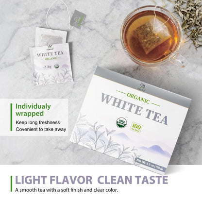 Soeos Organic White Tea, 100 Tea Bags, Individually Wrapped Teabags, Low Caffeine, Subtle Floral Aroma & Smooth Taste, Quality Tea for Everyday Brewing, Perfect for Hot or Iced Tea Lovers, 6.3oz (180g)