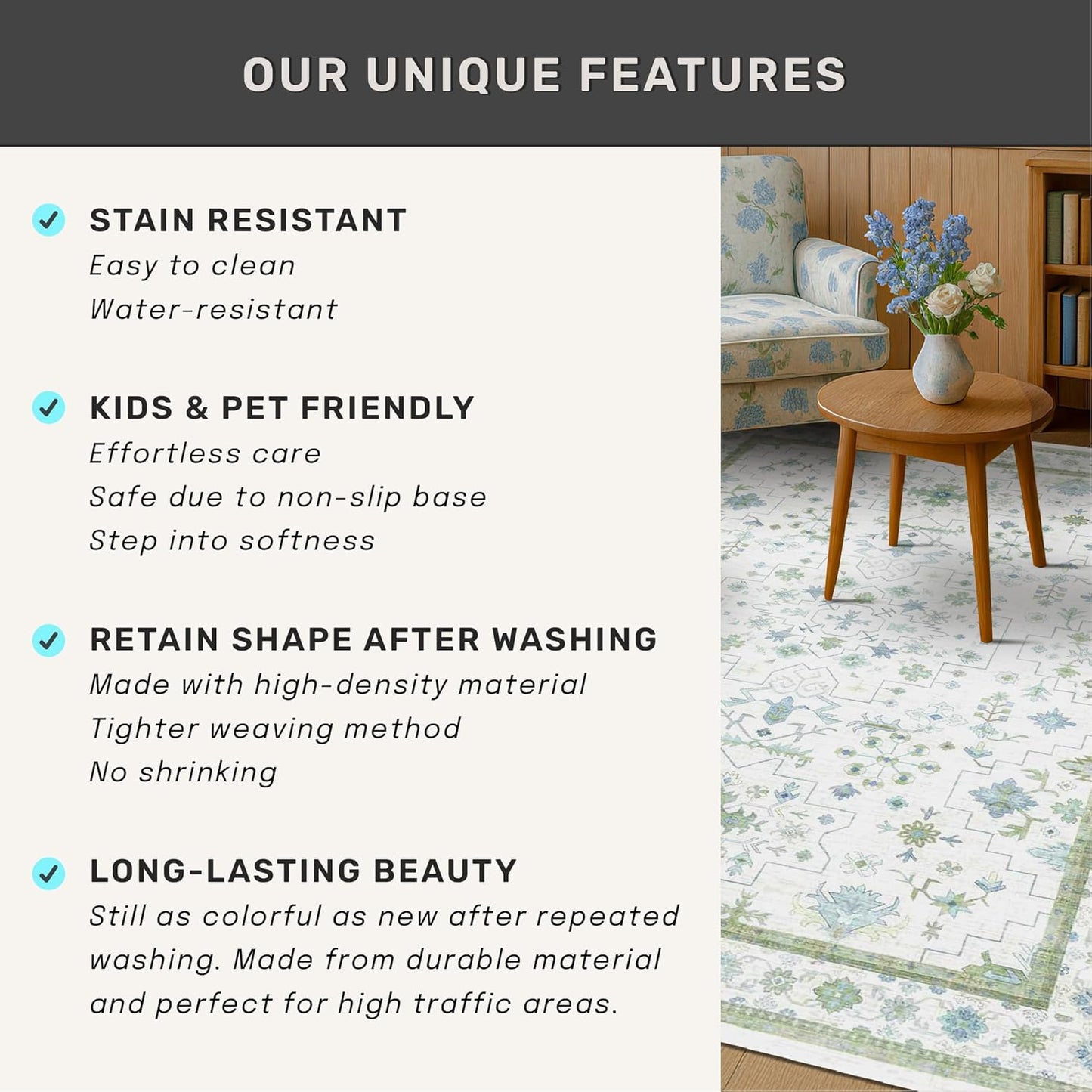 Oushak Bathroom Rug - Cream Green & Blue Floral Design, Washable Low Pile, Non-Slip Rubber Backing, Small Size