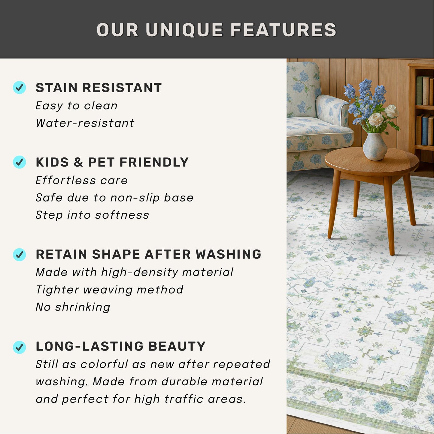 Oriental 10x14 Rug Living Room - Washable Oushak Boho Extra Large for Bedroom Non Slip Soft Faux Wool Carpet for Dining Room Playroom - Cream Blue and Green Floral Rug
