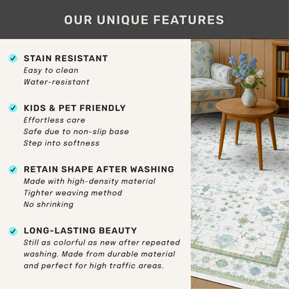 Oriental 10x14 Rug Living Room - Washable Oushak Boho Extra Large for Bedroom Non Slip Soft Faux Wool Carpet for Dining Room Playroom - Cream Blue and Green Floral Rug