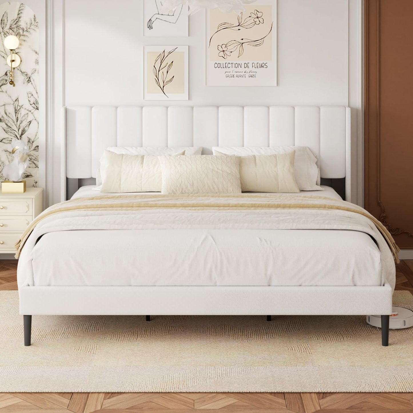 HAOARA King Size Velvet Bed Frame and Vertical Chanel Tufted Headboard, Upholstered Platform Bed wtih Wingback, No Box Spring Needed, Strong Wooden Slats, White