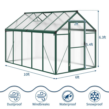 6X10 FT Greenhouse for Outdoors, Polycarbonate Flower Greenhouse with Roof Vent, Push-Pull Lockable Door, Aluminum Walk-in Greenhouses for Outside Garden Backyard, Patio, Lawn, Green