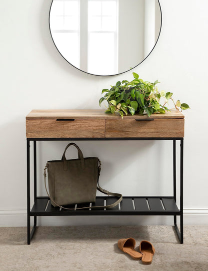 Kate and Laurel Malone Modern Wooden Console Table with Metal Shelf, 36 x 13 x 31, Natural Brown and Black, Transitional Wood Entryway Table with Storage Shelf Below