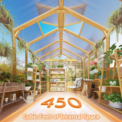 Jocisland 8x9.5x7.5 Ft Wooden Greenhouse, Pre-Assembled Solid Cedar Frame, Walk-in Design, Lockable Door, Adjustable Roof Vents, Polycarbonate Panels for Outdoor, Garden, Backyard