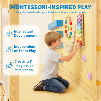 9-IN-1 Outdoor Indoor Jungle Gym, Montessori Wooden indoor playground for kids 2-8, Wooden Climbing Structure with Slide, Monkey Bars, Rope Ladder, Rock Wall, Climbing Net, Rings - Natural Wood Pink