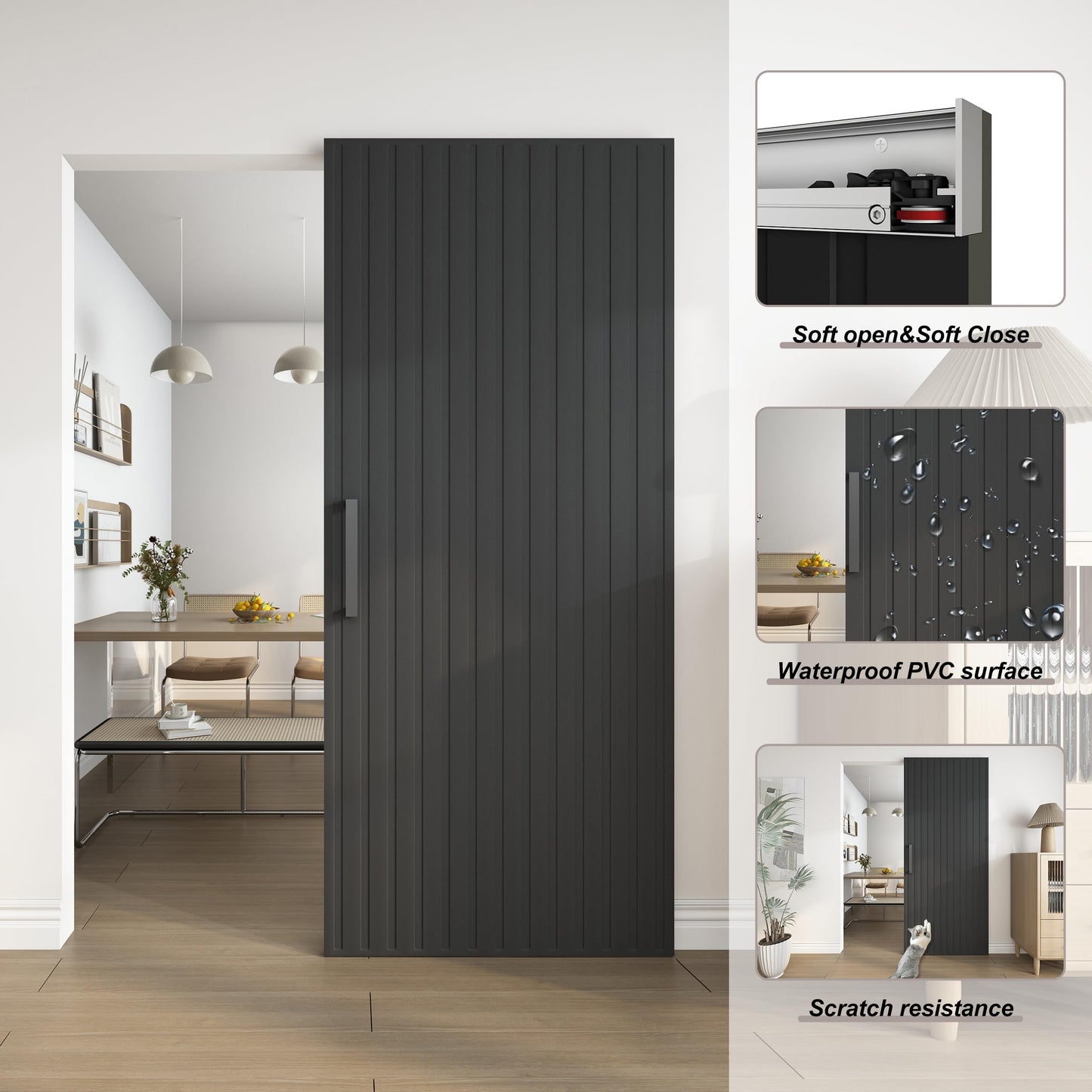 JUBEST 36"x84" Concealed Sliding Barn Door with Soft Close Hardware Kit, Black Hidden Door for Opening 32"-34"x80", Waterproof and Modern, Smooth Sliding, for Interior Using, Widely Used