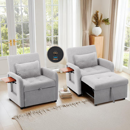 Convertible Sleeper Chair-Fabric Futon Sofa Bed, Single Sleeper Sofa, Small Couch Bed with USB Port, Foldable Table, Pillow, Adjustable Backrest for Dorm/Bedroom/College Lightgrey