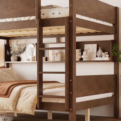 KEIKI Queen Over Queen Size Wooden Bunk Bed Frame with Convenient Tray & Built-in Storage Shelves, Detachable Bunk Bed with Solid Slats, No Box Spring Required, Easy Assembly, for Bedroom, Brown