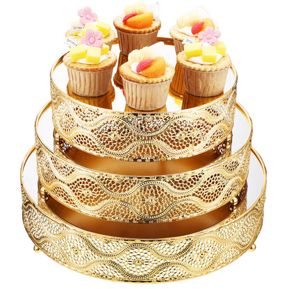 Skylety Set of 3 Round Wedding Cake Stand 10'' 12'' 14'' Metal Dessert Display Stand with Glossy Mirror Dessert Cupcake Cookies Holder for Wedding, Event, Birthday Party(Gold)