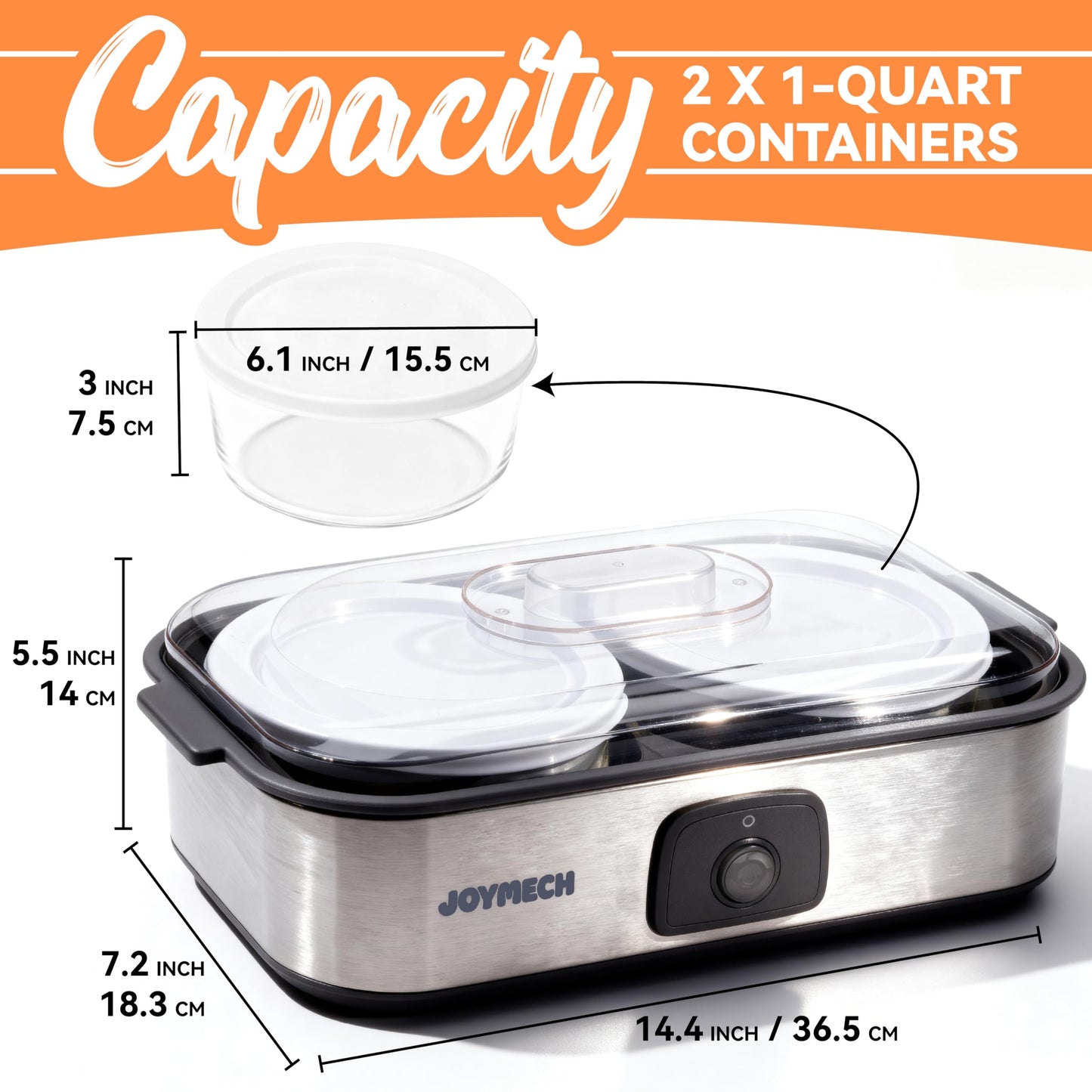 JoyMech Yogurt Maker Machine with Two 1-Quart Containers for Larger Batches, Oatmeal, Pudding, or Jello, Food-Grade Martial, One-touch Control, Homemade Yogurt