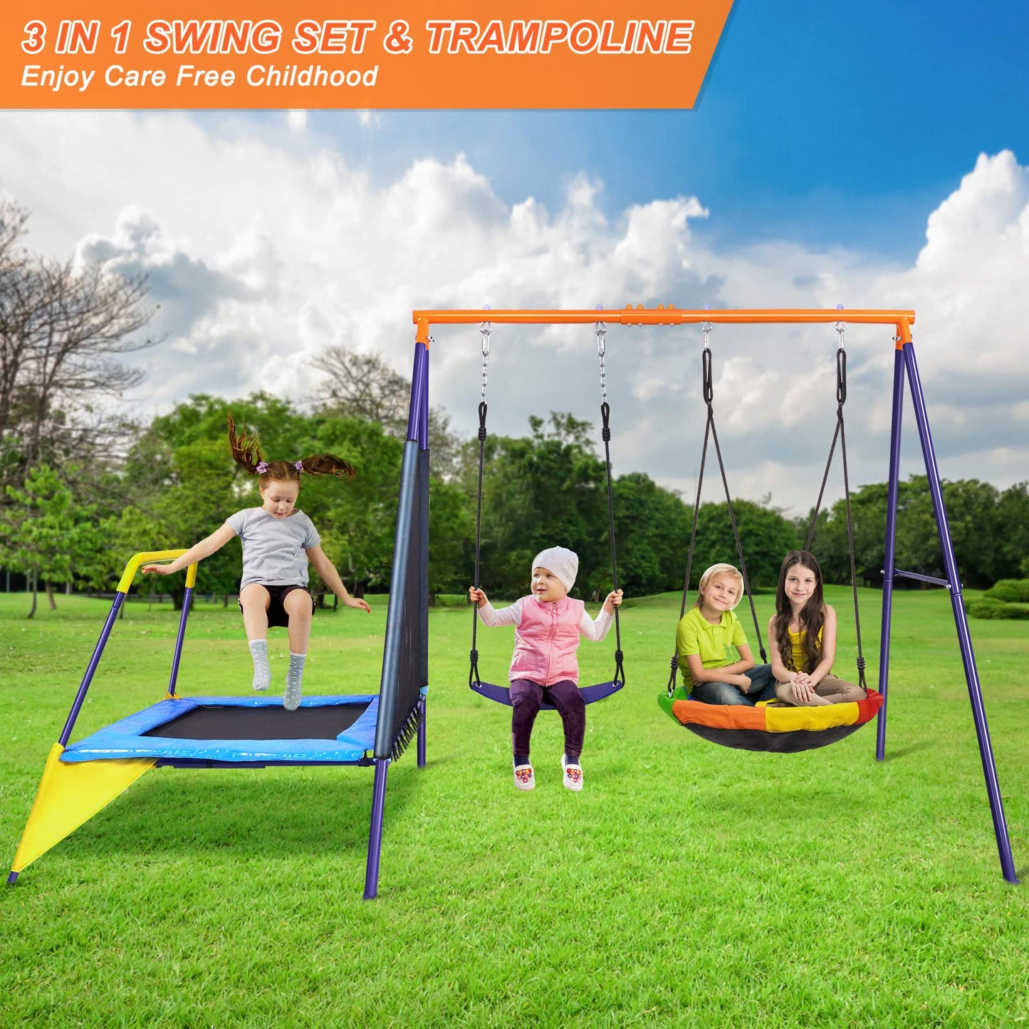 Lunafun Swing Sets for Backyard with Trampoline 440lbs with Heavy-Duty Metal A-Frame Outdoor Swing Set with 1 Saucer Swing Seat 1 Swings Seat & 1 Trampoline