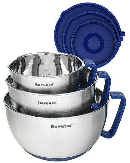 Rorence Mixing Bowls Set: Stainless Steel Non-Slip Bowls with Pour Spout, Handle and Lid - Set of 3 - Blue