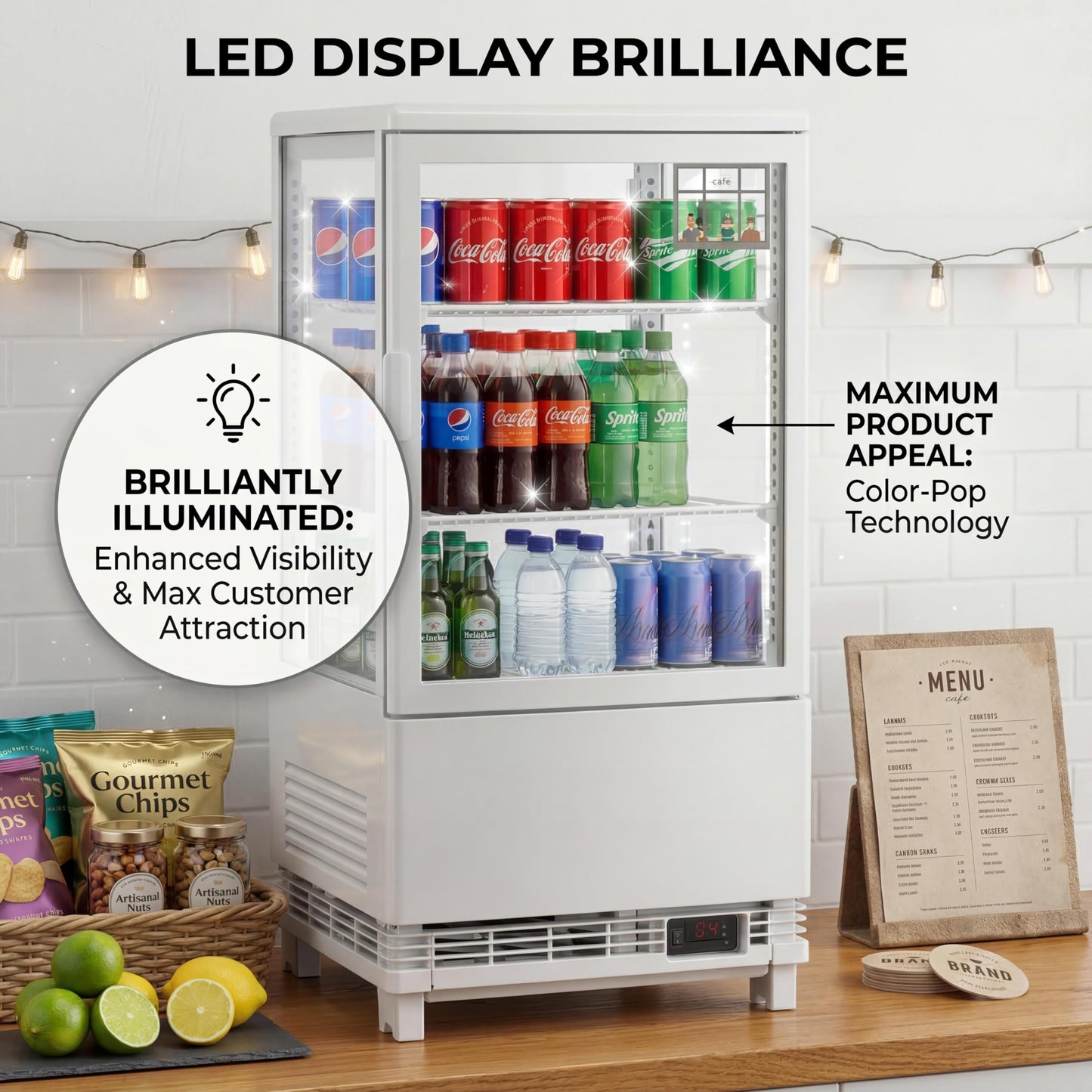 IDEALHOUSE 2.0 Cu.Ft. Countertop Bakery Display Refrigerator with LED Lighting, Rear Sliding Door, Air-Cooling, and Automatic Defrost for Cafes and Restaurants, White