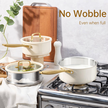 CAROTE 1.5Qt & 3.0Qt Stainless Steel Saucepan Set with Steamer & Ladle, Non-Toxic 3-Ply Stainless Steel Pot with Lids, Small Pots for Cooking, Oven Safe, Induction Compatible Cookware
