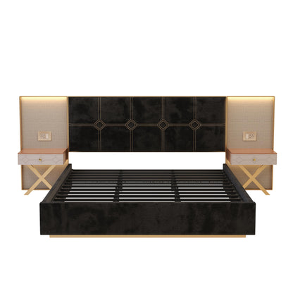 GDFStudio King Size Velvet Platform Bed Frame with LED Wall Lights & Floating Nightstands, Upholstered Headboard with Metal & Wood Frame, No Box Spring Needed, Easy Assembly, Black