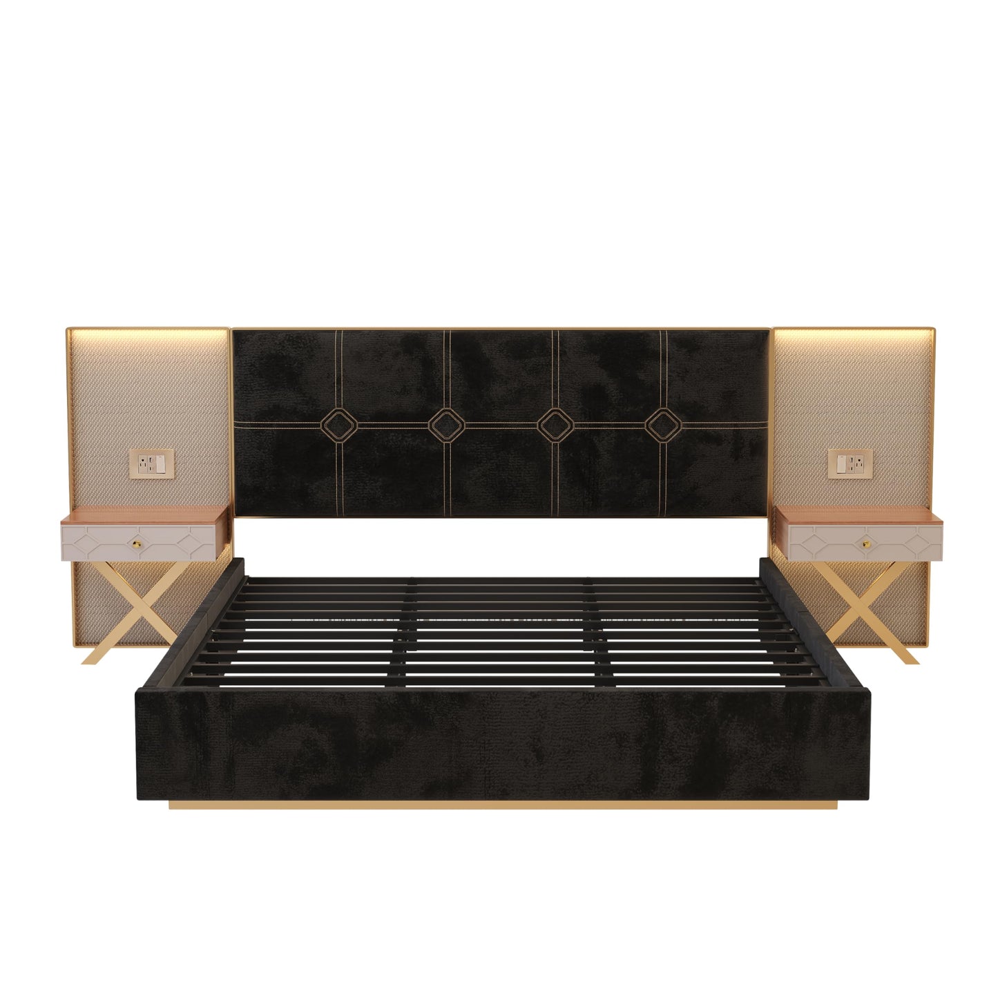 KEIKI King Bed Frame with Lights and Nightstands, Velvet Upholstered Platform Bed with Metal & Wood Frame, Built-in LED and Floating Bedside Tables, No Box Spring Needed, Black