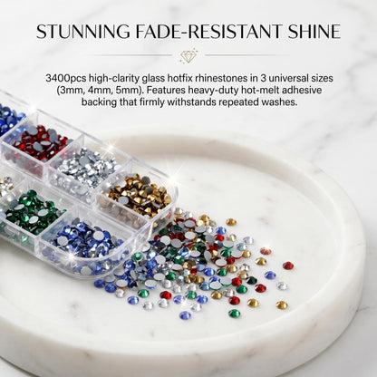 Worthofbest Hot Fix Rhinestone Applicator Tool Kit, 3400Pcs 3/4/5mm Glass Hotfix Rhinestones, Rhinestone Setter with 6 Tips Stand Zipper Bag Tweezers Gem Picker for DIY Clothing Fabric Crafts