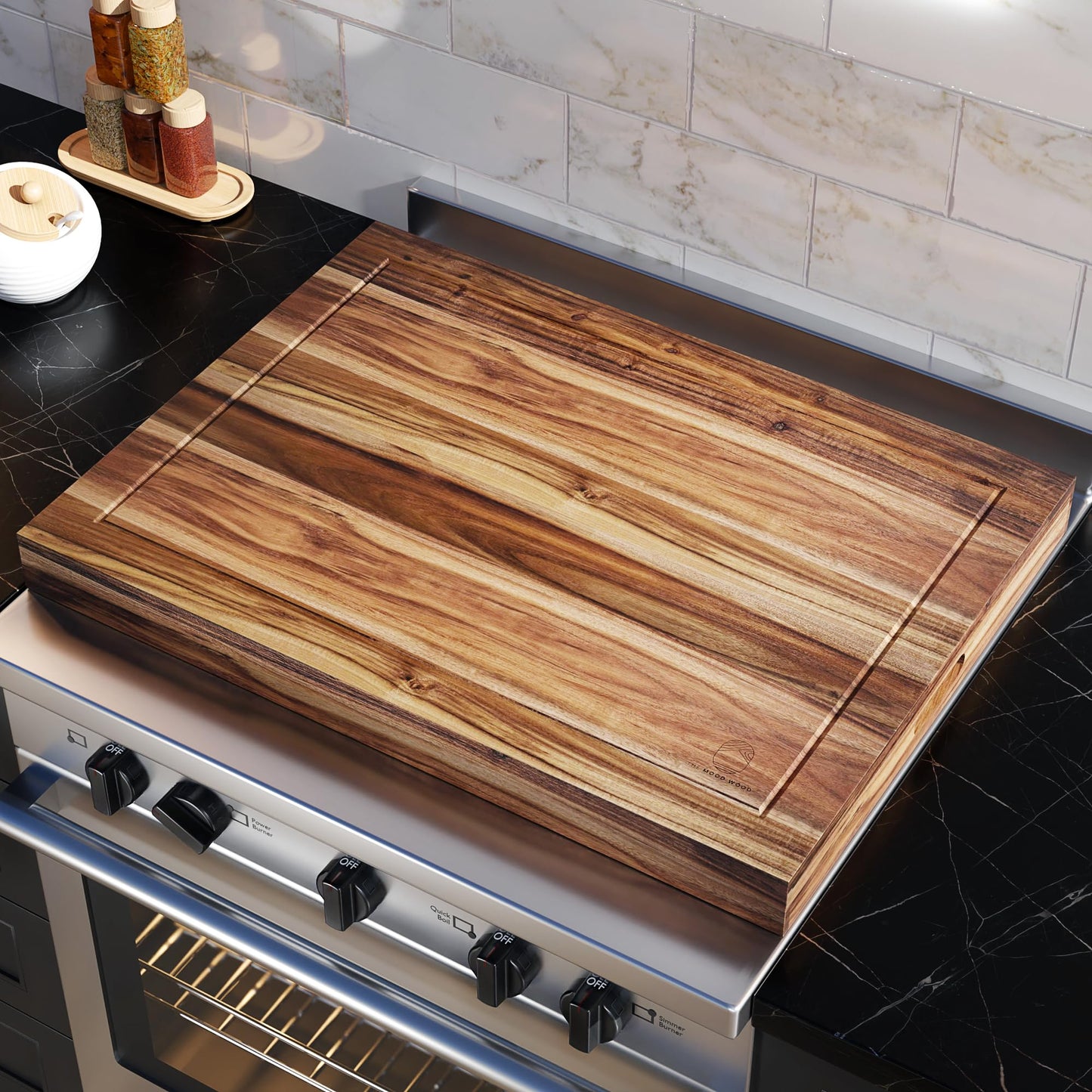 Noodle Board Stove Cover Cutting Board with Handle - Stove Top Cover with Care Brush FSC Certified - Multiuse Gas Stove Cover Board for Serving Chopping Decorating, 30”x22”(Outer) / 28.5”x20.5”(Inner)