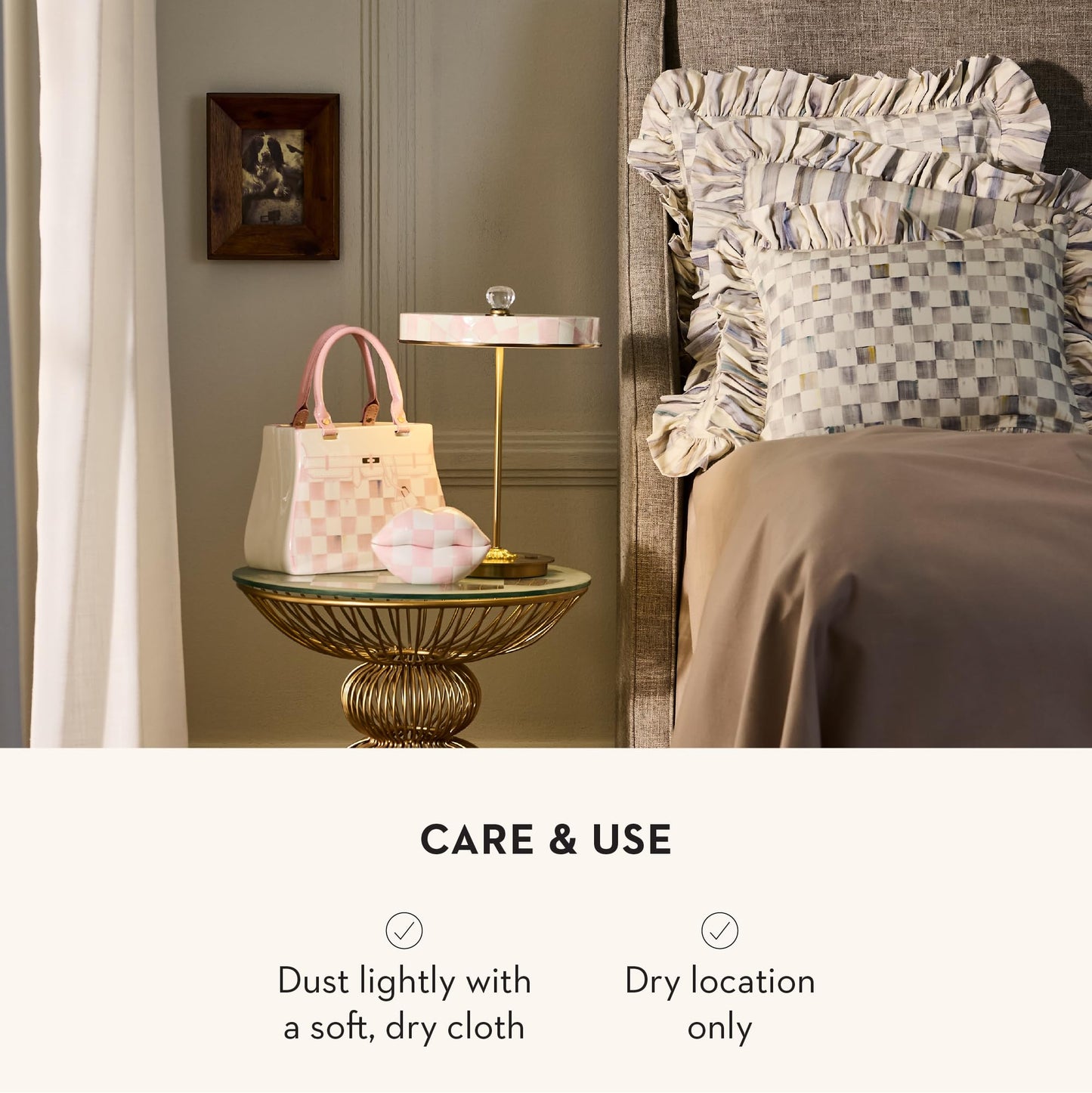 MACKENZIE-CHILDS LED Rechargeable Disk Table Lamp, Cordless Touch Lamp, Pink-and-White Rosy Check