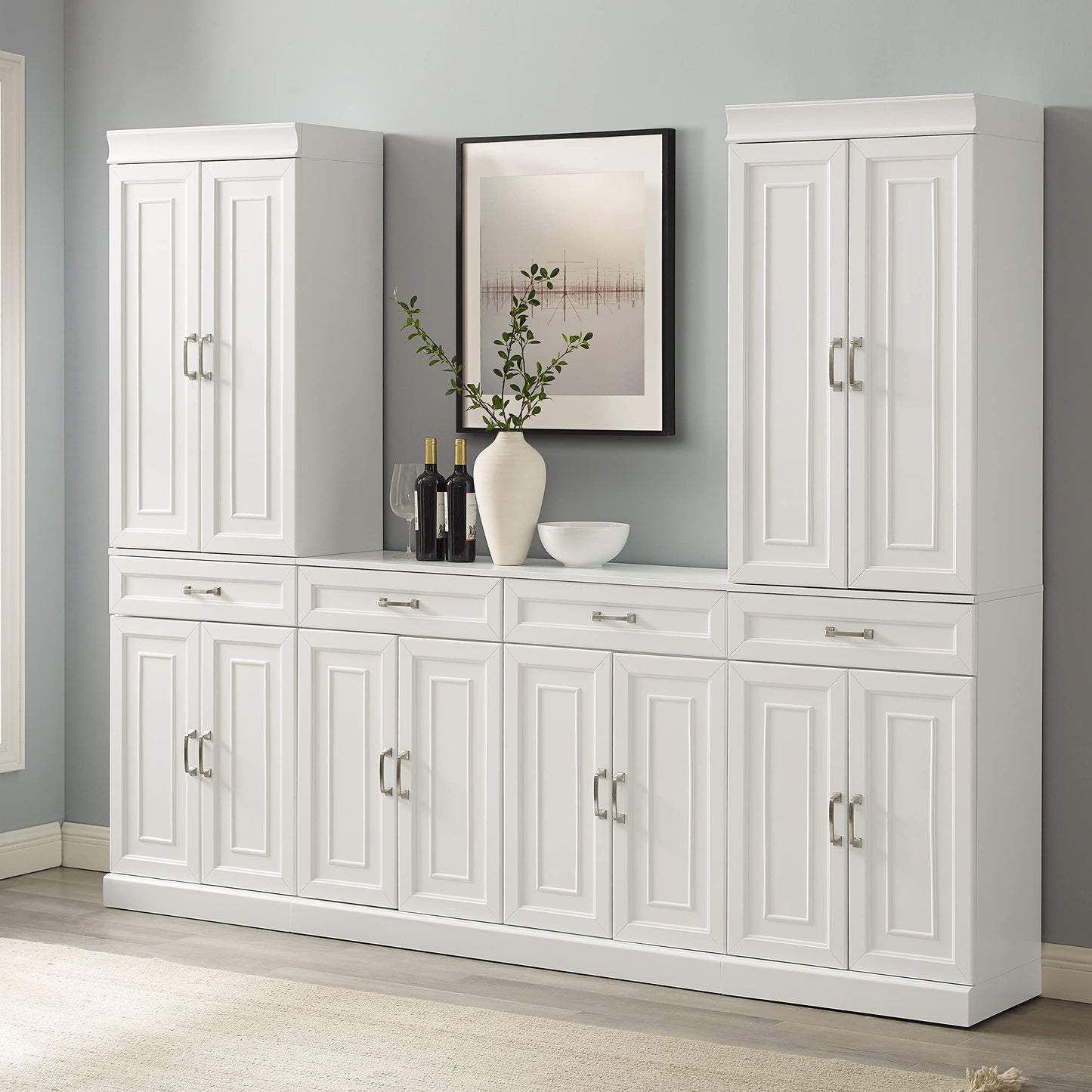 Crosley Furniture Stanton 3-Piece Traditional Sideboard Buffet Cabinet and Kitchen Storage Pantry Set, White