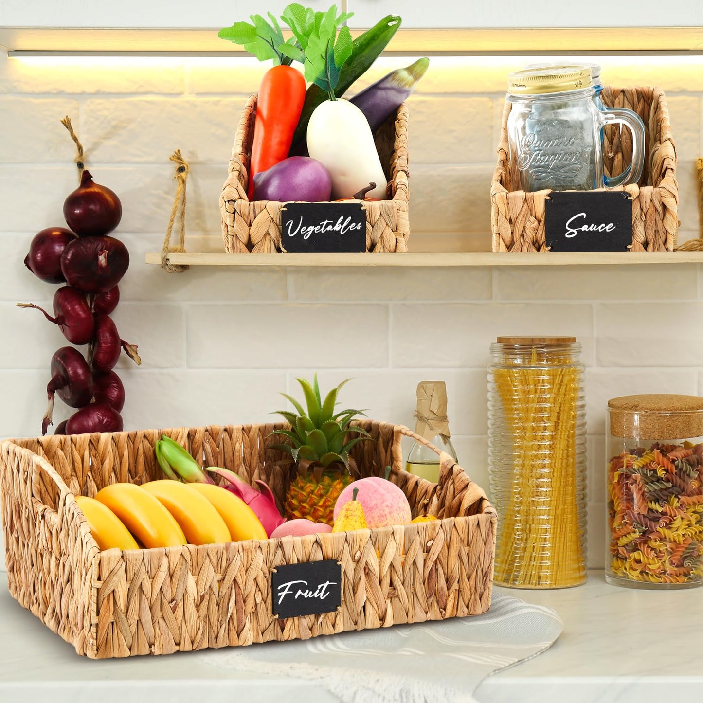 Wonderjune 4 Pcs Water Hyacinth Storage Basket Set Boho Wicker Rattan Pantry Basket with Chalkboard Label Handles Woven Container Kitchen Laundry Large Small for Shelves Food Home Bathroom Decor