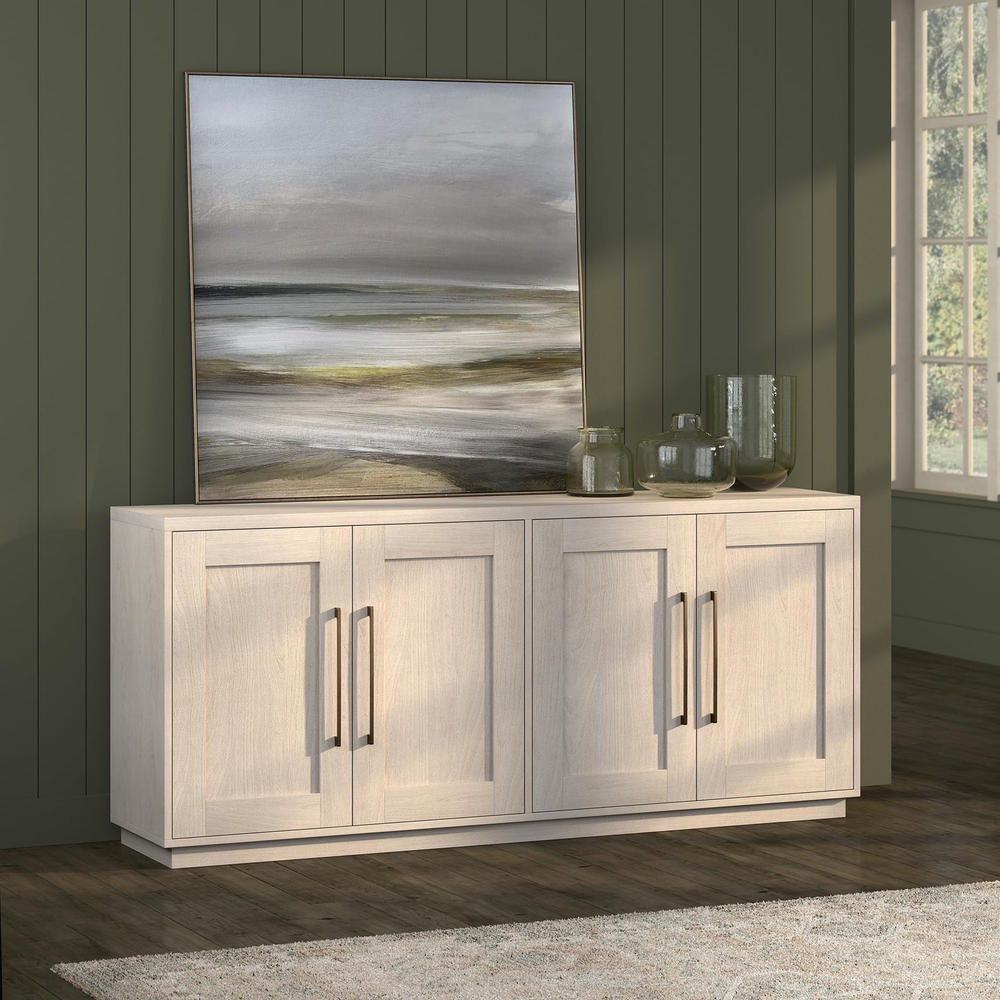 Henn&Hart 68" Sideboard Buffet Cabinet, Modern Credenza with 4 Panel Doors, Adjustable Shelves, and Cable Management Cut-Outs for Dining Room, Kitchen, Living Room or Entryway, Beech White
