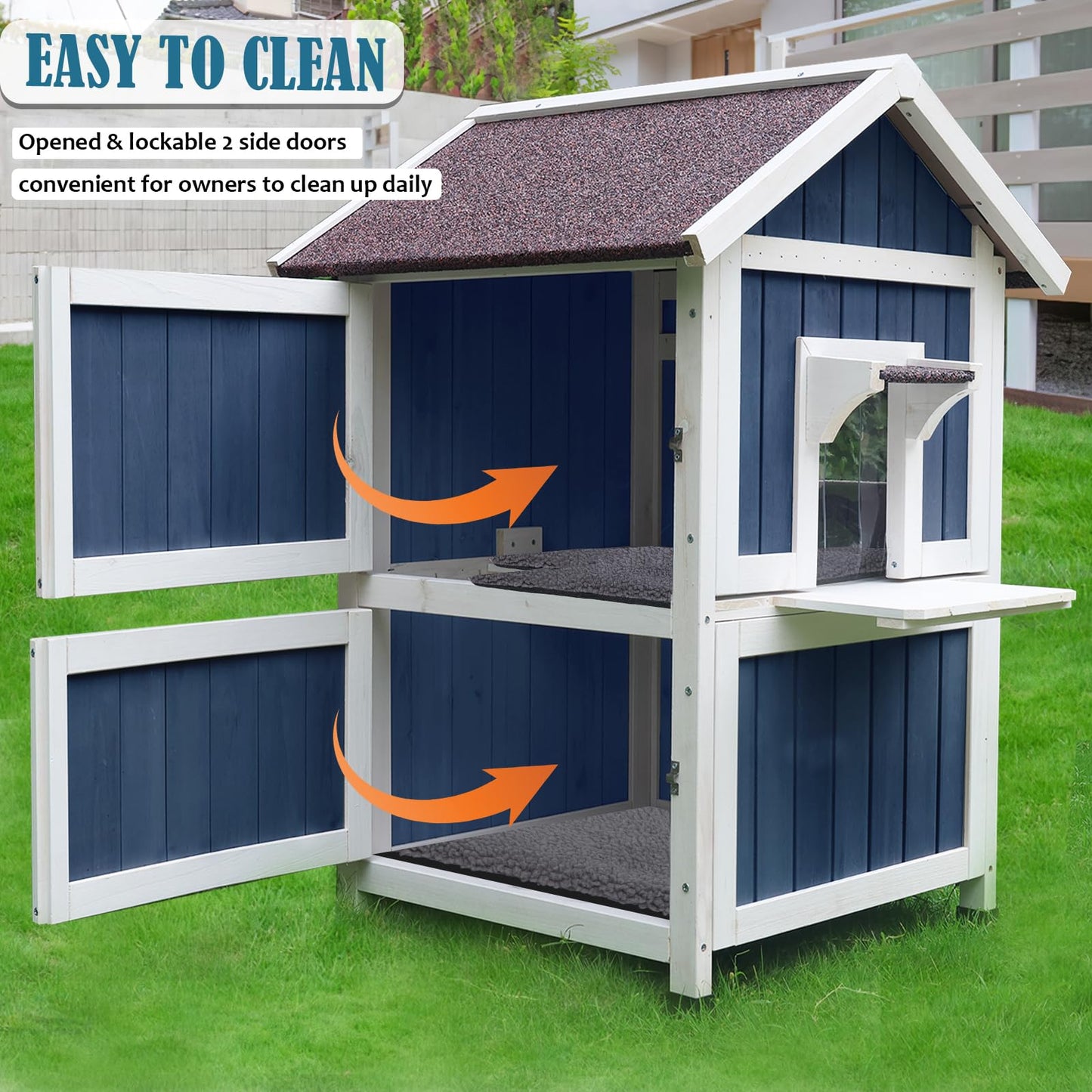 Rockever Outdoor Cat House, 2 Story Outdoor Houses for Feral Cats Wooden Outside Cat Shelter Weatherproof with Escape Door