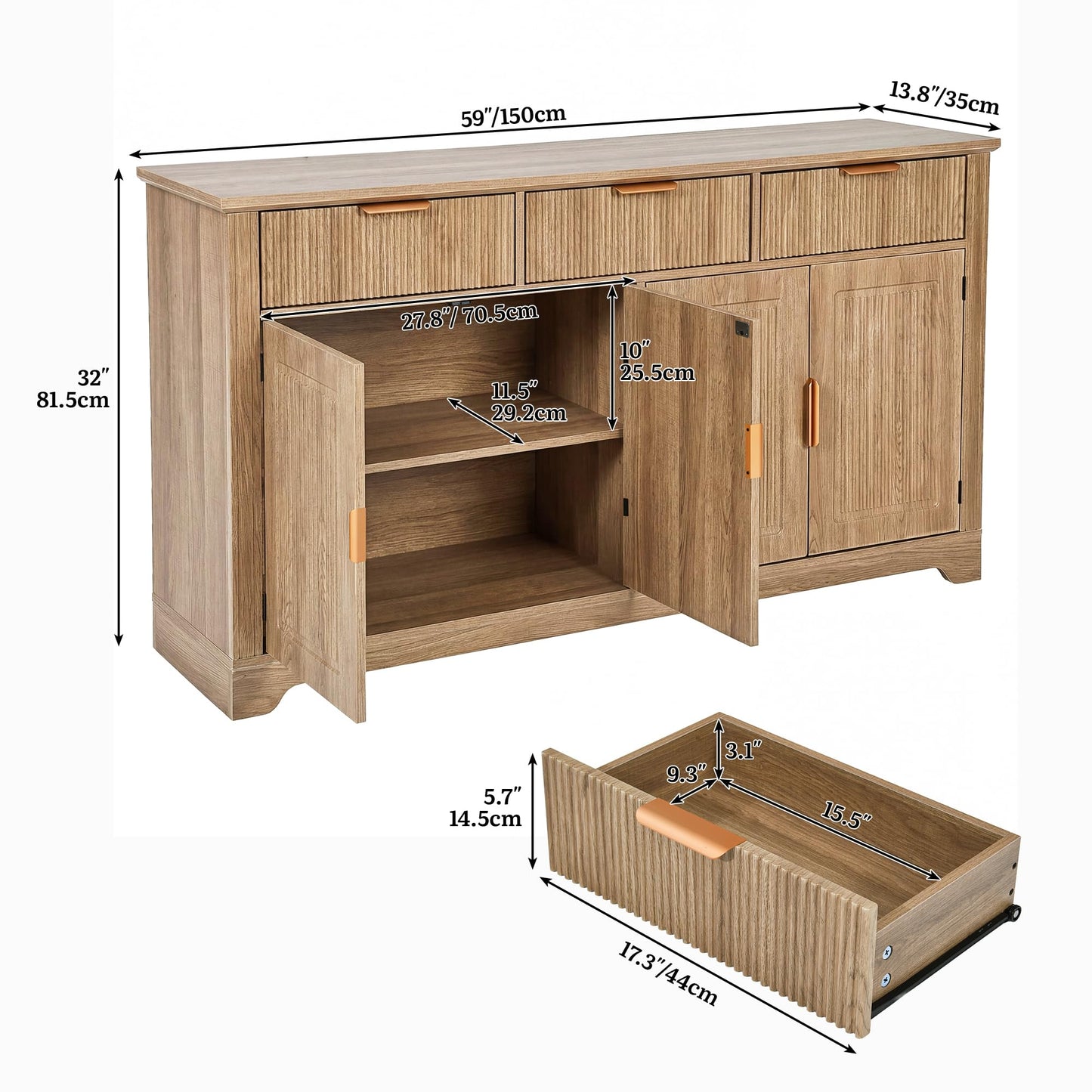 YITAHOME 59" Fluted Sideboard Buffet Cabinet with Storage, Wood Kitchen Storage Cabinet with Adjustable Shelves & Drawers, Mid Century Modern Credenza for Kitchen, Living Room, Entryway (Natural Oak)