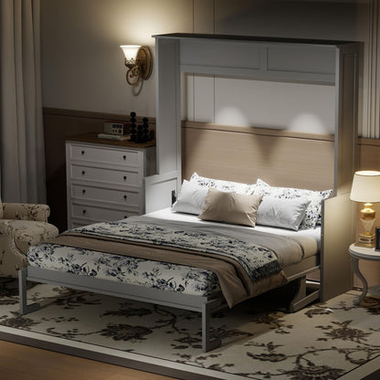 Ball & Cast Queen Size Murphy Bed with Desk,Hideaway Beds w/LED Lights and USB Charging Station,Wood Wall Cabinets Bedframe,Slat Support,Dual Piston Metal Folding Mechanism Designed,Gray