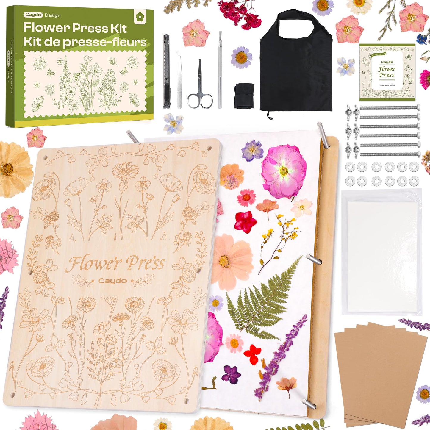Caydo Extra Large Flower Press Kit, 15"x11.4" 4 Layers Wooden Flower Pressing Kit for Adults - Pressed Flowers, Herbs & Leaves, DIY Wedding Bouquet Flowers Preservation for Frame Bookmark Scrapebook