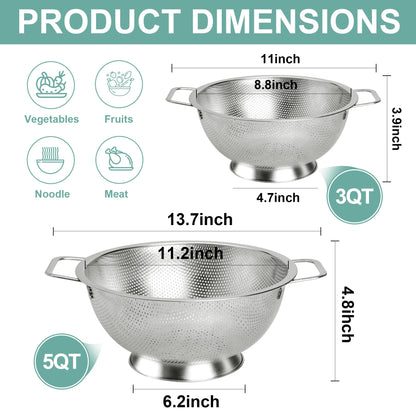Kaishun Colander Stainless Steel 3-Quart, Kitchen Strainer for Pasta, Fruits Vegetables, Dishwasher Safe