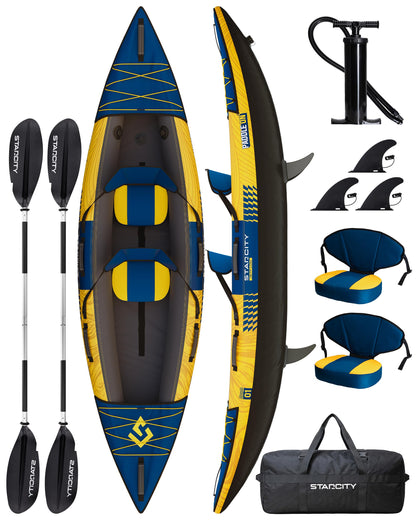 Starcity Kayak Inflatable Tandem Wide Stable Touring Fishing Design 600 Pound Capacity 12" 2"*36"*13" for Lake River Recreational Paddling Families Beginners W/Adjustable Seat Storage Compartment