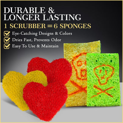 Dish Scrubber–Long Lasting, Non-Scratch, Odorless & Reusable Cookware Scrubber for Kitchen, Bathroom, and Floor–Big & Durable Alternative to Rags & Sponges, Heart Shape (3PK)