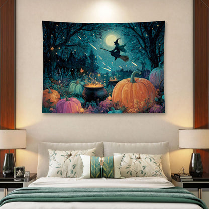 Liuzhouzai Halloween Pumpkin Tapestry Wall Hanging Broomstick-Riding Witch Personalized Background Living Room and Bedroom Wall Decoration 48 x 36 Inches