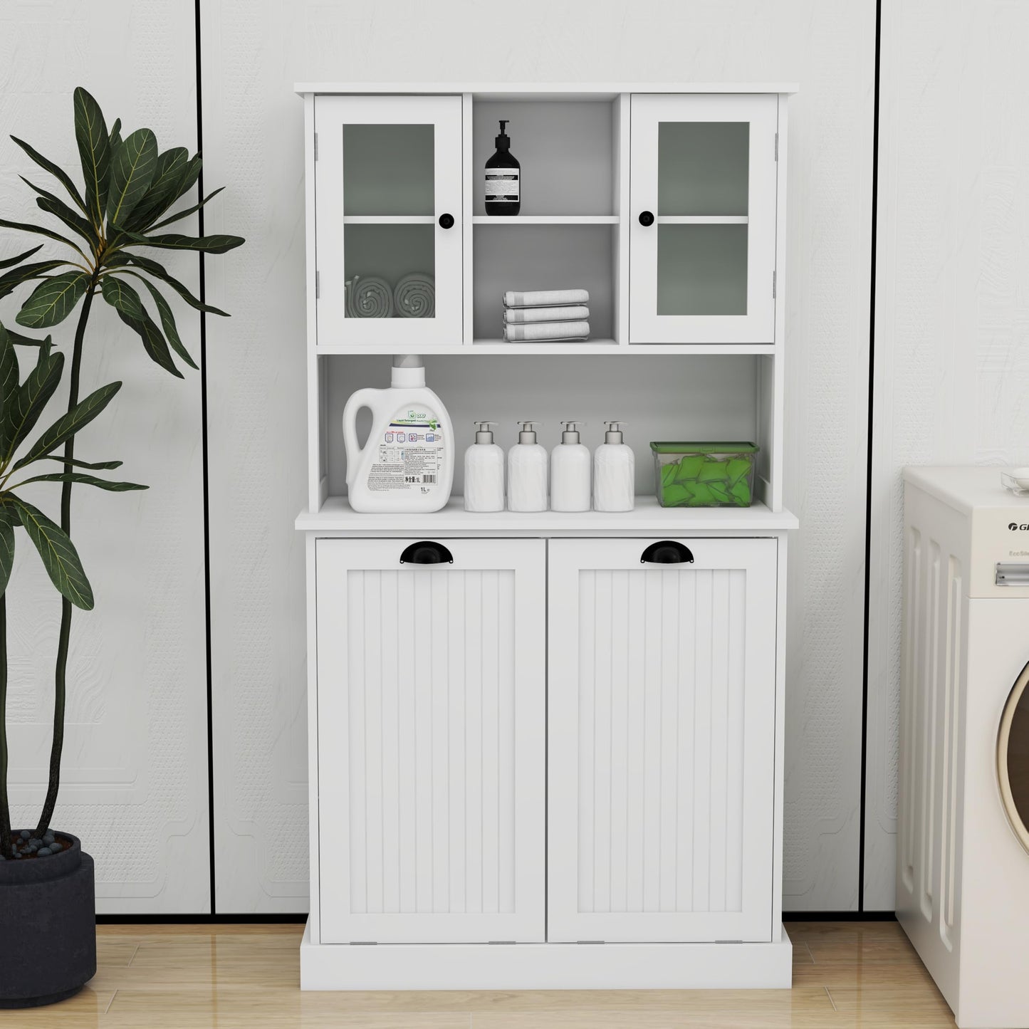 Amacv Two-Compartment Tilt-Out Dirty Laundry Basket Tall Bathroom Cabinet with 2 Adjustable Shelves-White