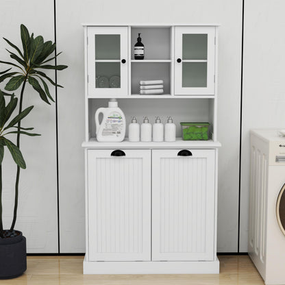 Amacv Two-Compartment Tilt-Out Dirty Laundry Basket Tall Bathroom Cabinet with 2 Adjustable Shelves-White