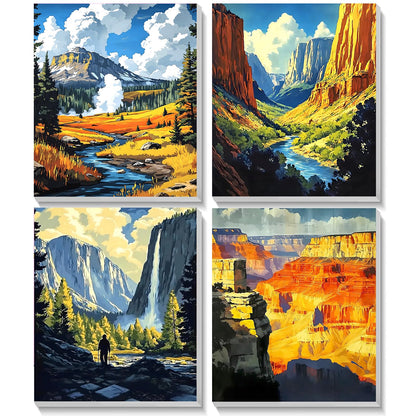 TOSTOG Majestic National Parks 4 Pack Framed Canvas Paint by Numbers Art Kit for Adults and Kids, Beginner Acrylic Oil Painting Supplies with Wooden Frame for Home Wall Decor 20 * 25 cm/8 * 10 in