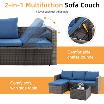 Shintenchi 4 Pieces Patio Furniture Sets, Outdoor Sofa Patio Sectional Sets All Weather, 2-in-1 Wicker Rattan Sofa Couch with Cushions & Coffee Table for Yard, Garden, Porch, Poolside (Navy Blue)