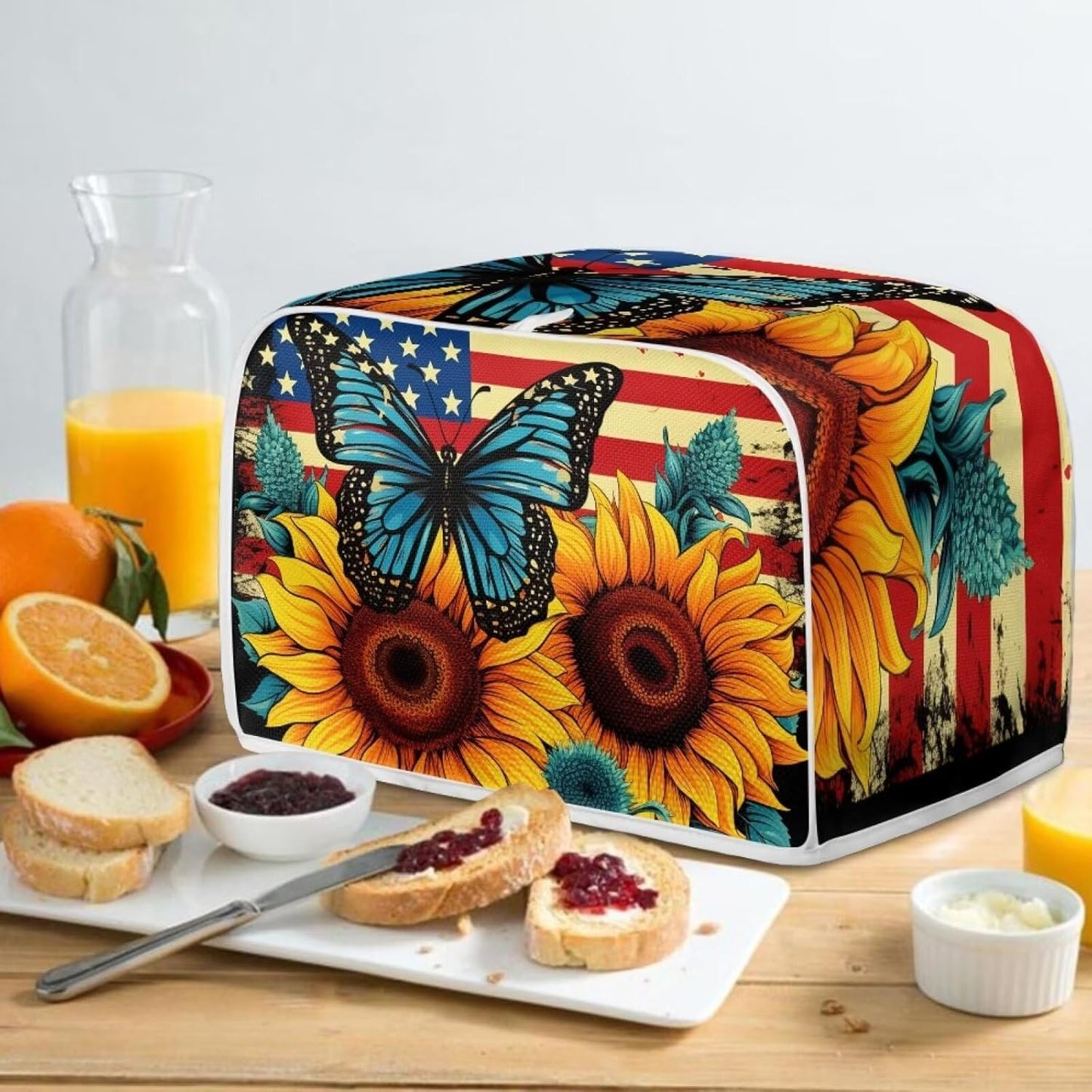 Sunflower Butterfly Print Toaster Cover, 4 Slice American Flag Washable Oven Cover for Kitchen