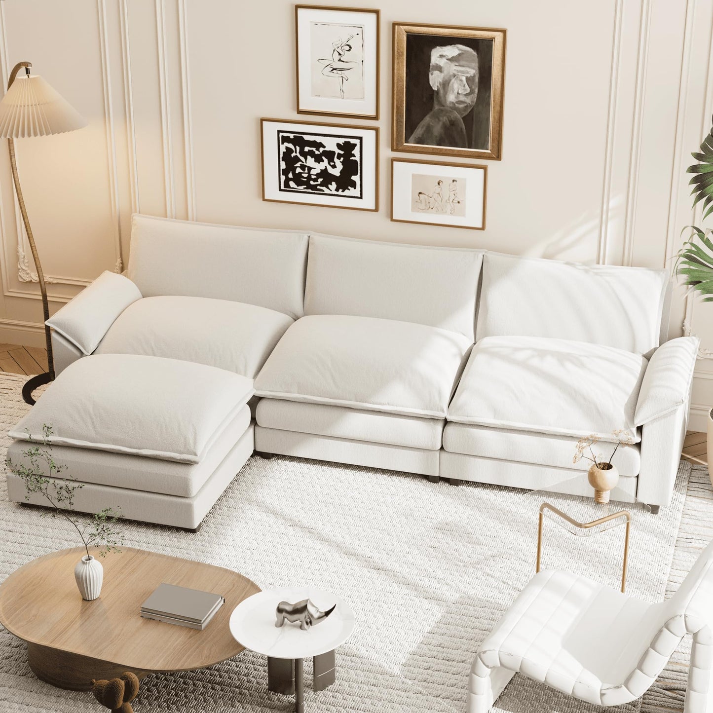 Shahoo Sectional Modular Sofa L Shaped Chenille Fabric Couch with High Supportive & Soft Sponges and Removable Ottoman, Sleeper Comfy Upholstered Furniture for Living Room, Bright Beige